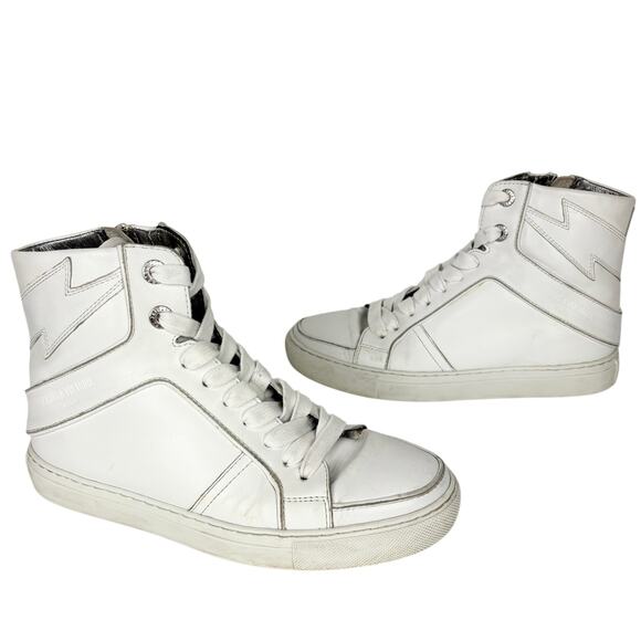 Zadig & Voltaire High Top Flash Sneaker White Lightning Lace Up Leather Size 36 - Picture 1 of 13